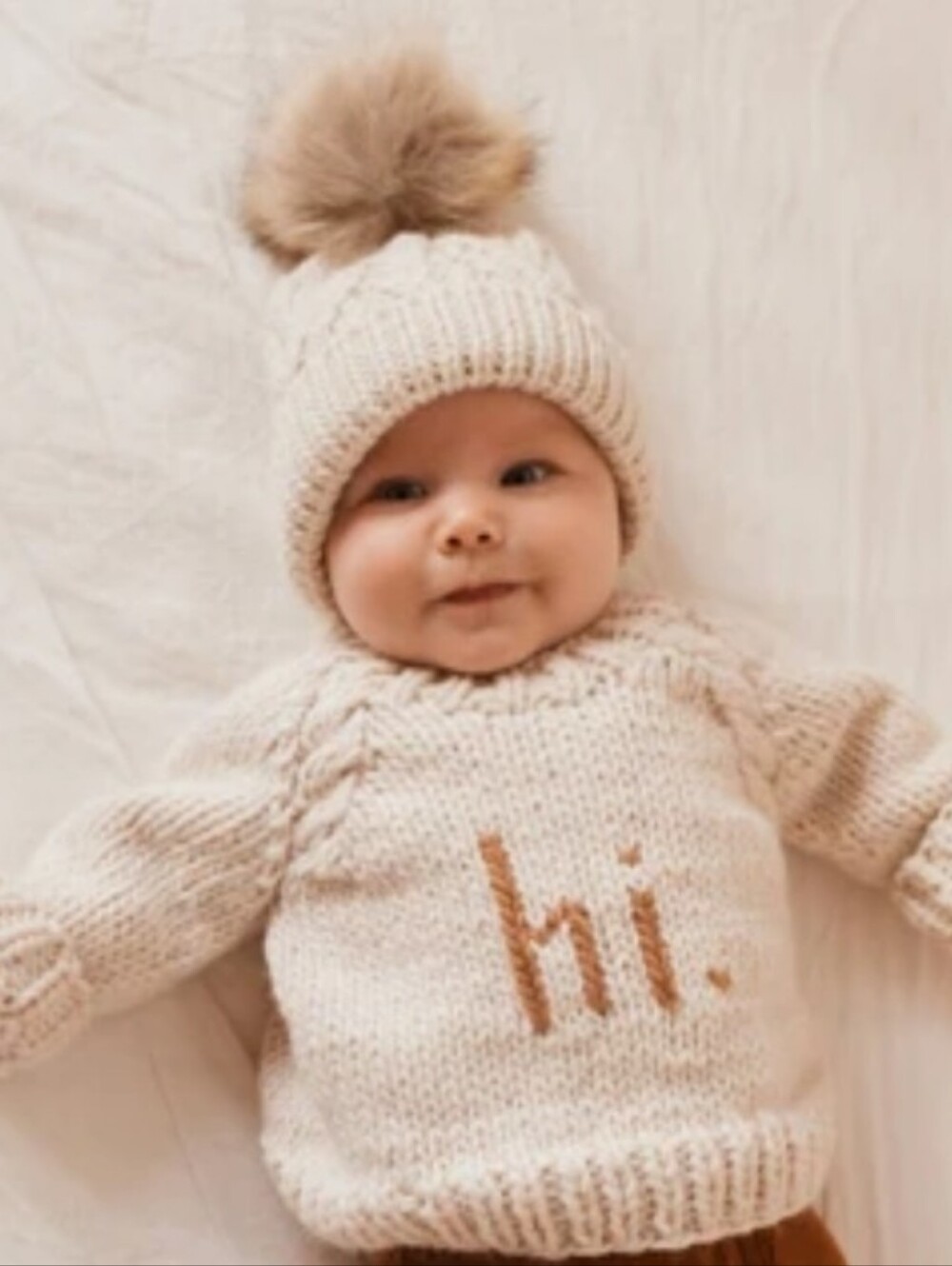 Huggalugs cream color chunky knit "Hi" sweater